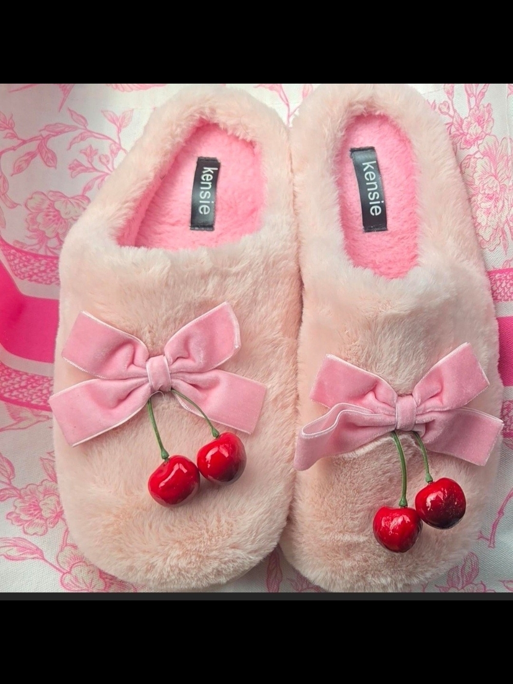 Kensie Pale Pink Faux-Fur Cherry Bow Slippers